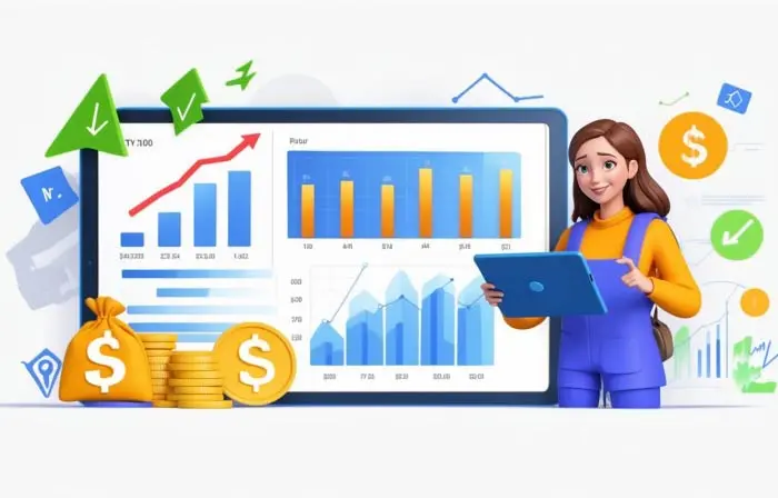 Women Analyzing the Stock Market Growth 3D Character Illustration
